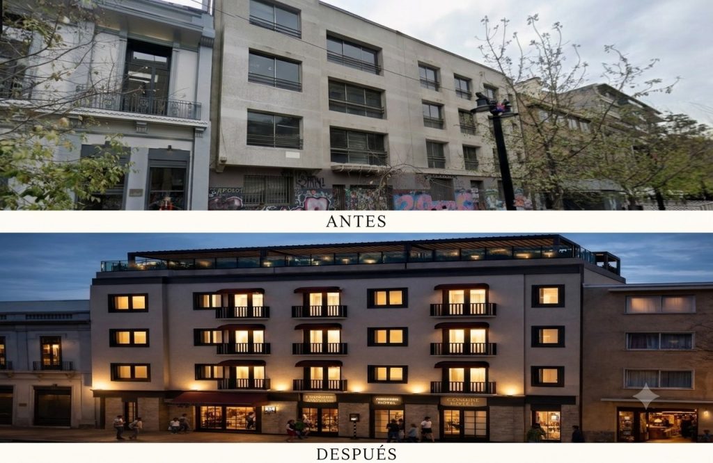 El antes y después del edificio que la familia Aravena transformará en hotel en el barrio Italia.